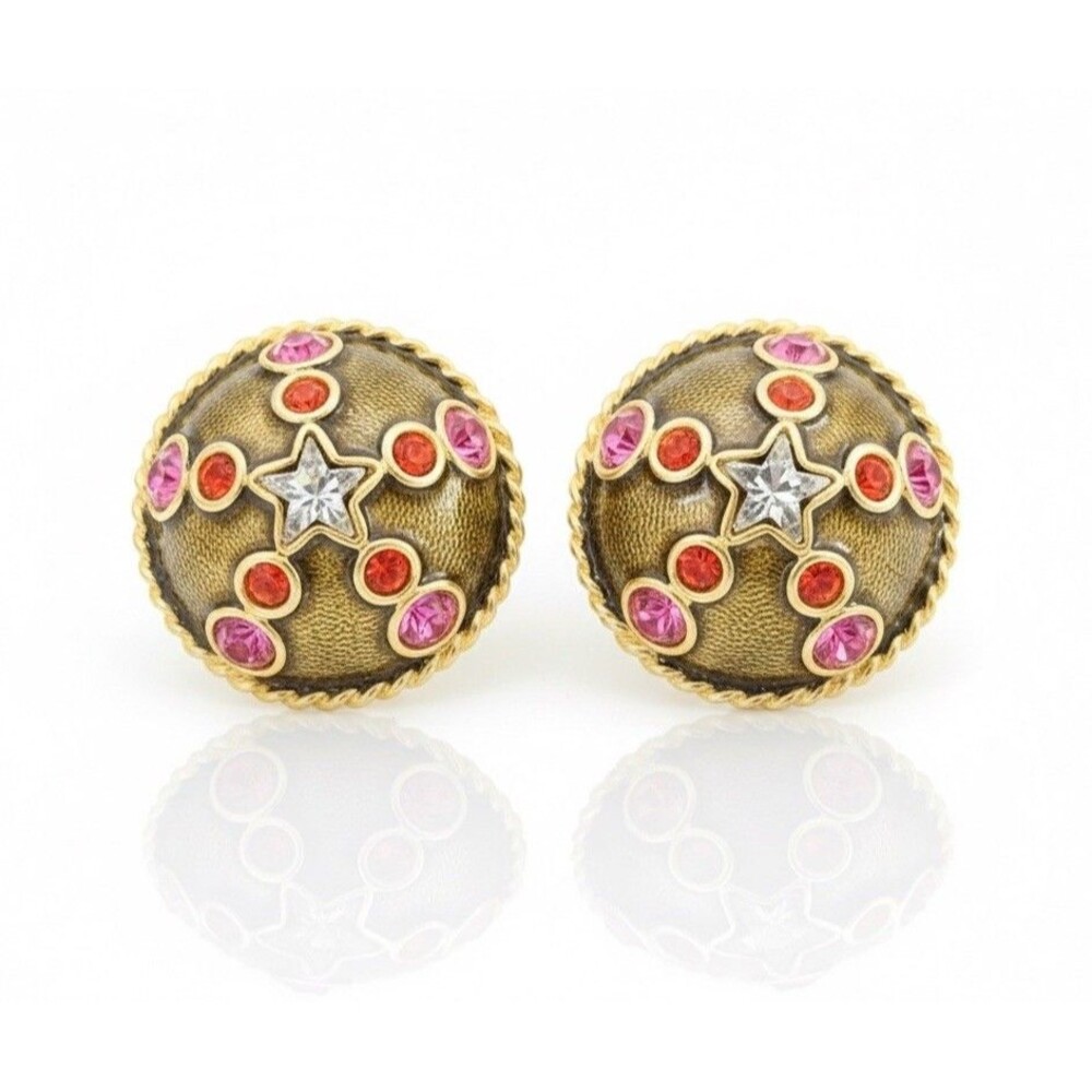 Gerard Yosca Clip On Earrings Stud Gold Tone Star Crystals Dome Vintage 50s